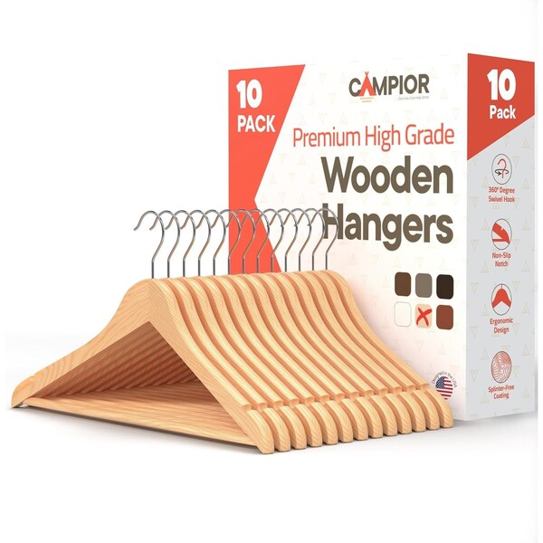 Lifemaster Wooden Clothes Hangers, Durable, Non-Slip, Space-Saving, 360 Deg Swivel Hook, Natural Finish, 10PK CMPWH10NL - main