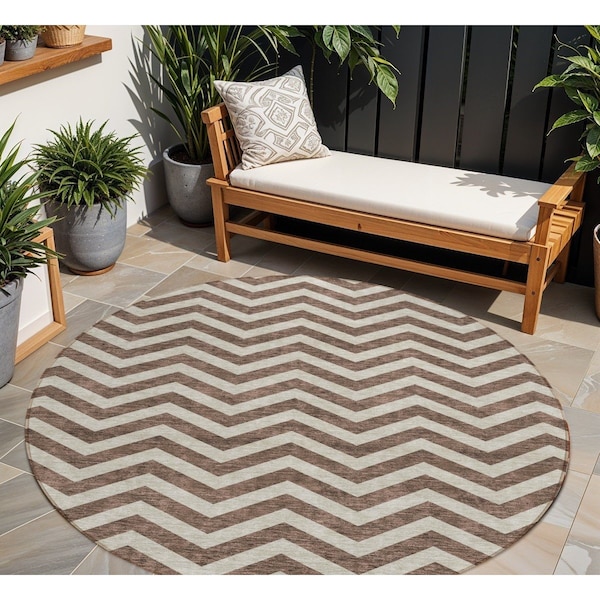Homeroots 8' Brown And Beige Round Chevron Washable Indoor Outdoor Area Rug 595303 - main