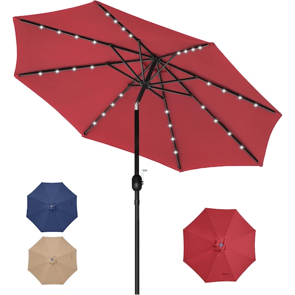 Simple Deluxe 9' Solar Umbrella 32 LED Lighted Patio Umbrella Table Market Umbrella with Push Button Tilt/Crank O LGBRLA9LEDRED - main