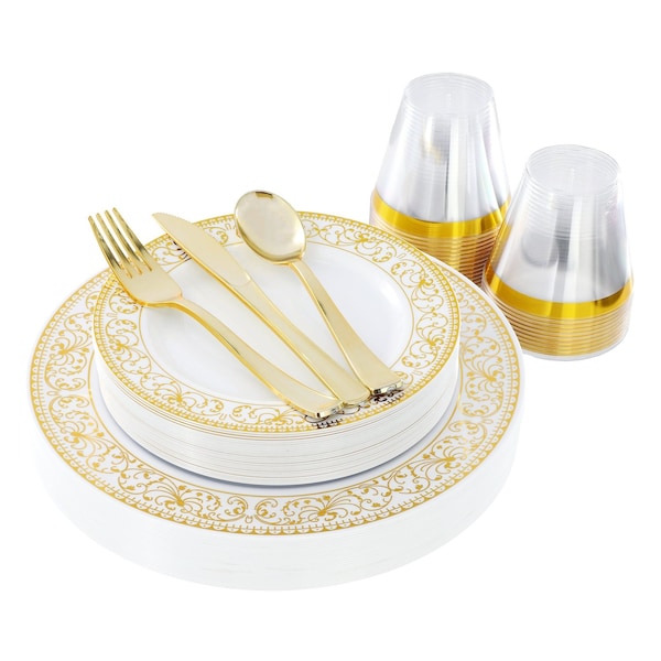 Elama 150 Piece Disposable Plastic Dinnerware Party Set for 25 Guests in White with Gold Decal Trim 750123350M - main