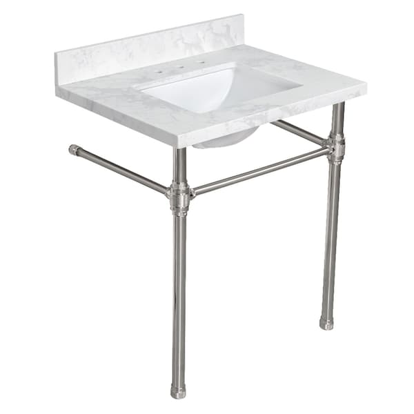 Kingston Brass 31" Quartz Console Sink with Brass Legs, 8-Inch, 3-Hole, Quartz White/Polished Nickel KVPB3122W38CRV6 - main