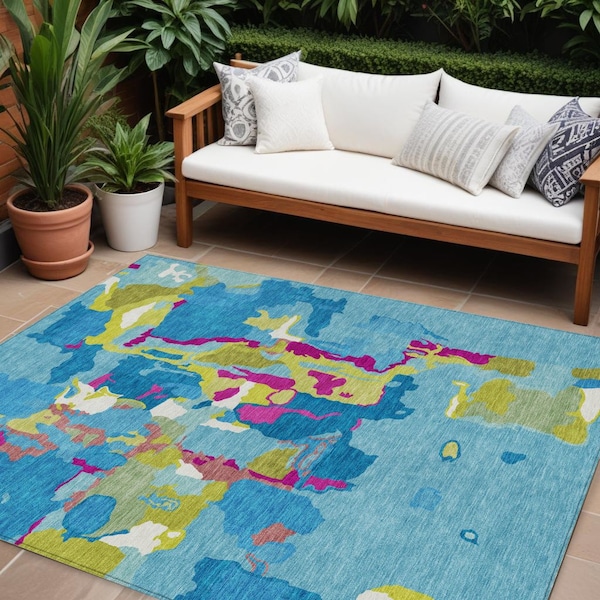 Homeroots 8' X 10' Aqua Green And Pink Abstract Washable Indoor Outdoor Area Rug 599535 - main
