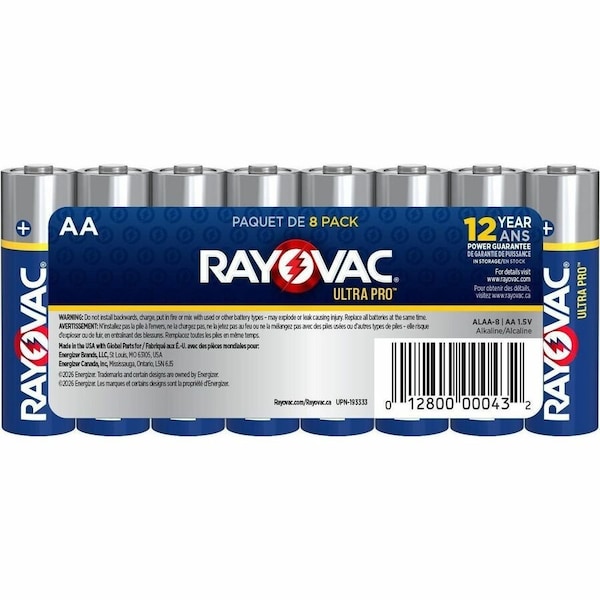 Rayovac UltraPro AA Alkaline Battery, 1.5V DC, PK8 ALAA8 - main