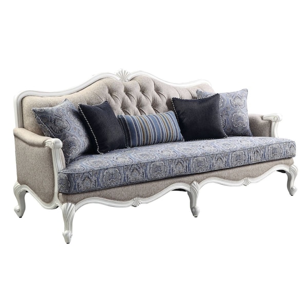 Homeroots 88" Cream Linen Damask Sofa And Toss Pillows With White Legs 491311 - main