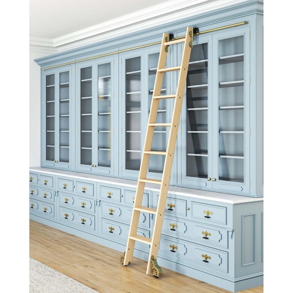 Quiet Glide 8.06 ft. Maple Sunburst Wheel Brushed Satin Brass Rolling Hook Removable Ladder, 12 ft. Rail QG.510-8MA-12-H.06B - main