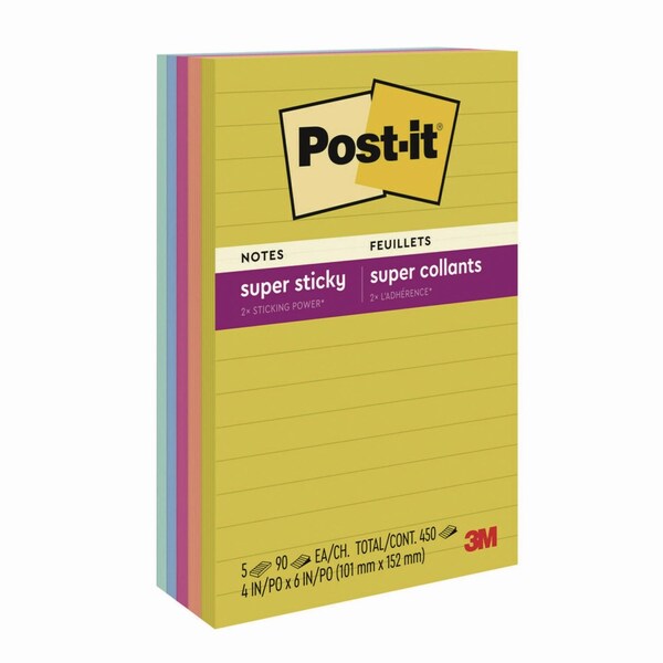 Post-It Note Pads in Summer Joy Color Collection Colors, 4in x 6in, Note Ruled, 90 Sheets/Pad, 5PK 660-5SSJOY - main