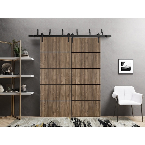 Sartodoors Slab Barn Door Panel, Planum 0015 Walnut and Aluminum Strips, Sturdy Finished Flush Modern Doors, P PLANUM0015S-WLN-2884 - main
