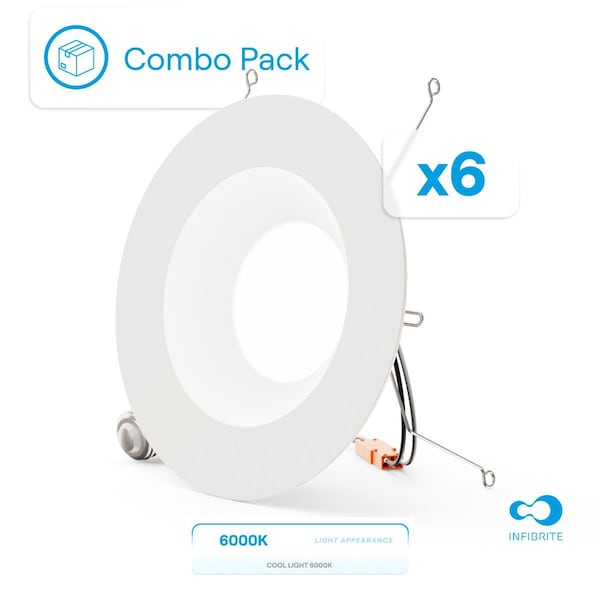 Infibrite 6 In. Retrofit 6000K Clear White LED Recessed Light 12W 1100LM, Dimmable, Wet Rated, 6PK IB-006-6-12W-WH-6PK - main