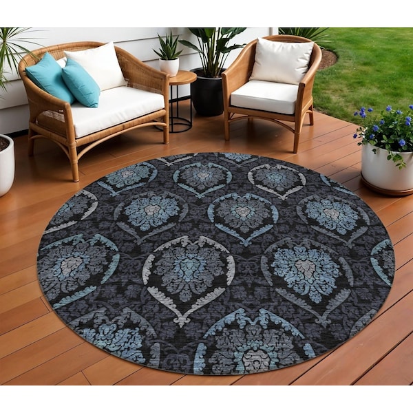 Homeroots 8' Blue Charcoal And Gray Round Medallion Washable Indoor Outdoor Area Rug 587700 - main