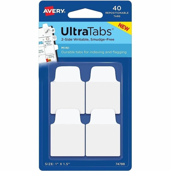 Avery Ultra Tabs Repositionable Mini Tabs, 40 Tab(s), 10 Tab(s)/Set, Clear Film, White Paper Tab(s), 72PK 74788 - main