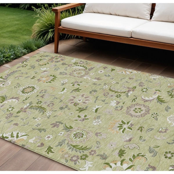 Homeroots 9' X 12' Artichoke Green Gray And Brown Floral Washable Indoor Outdoor Area Rug 597792 - main