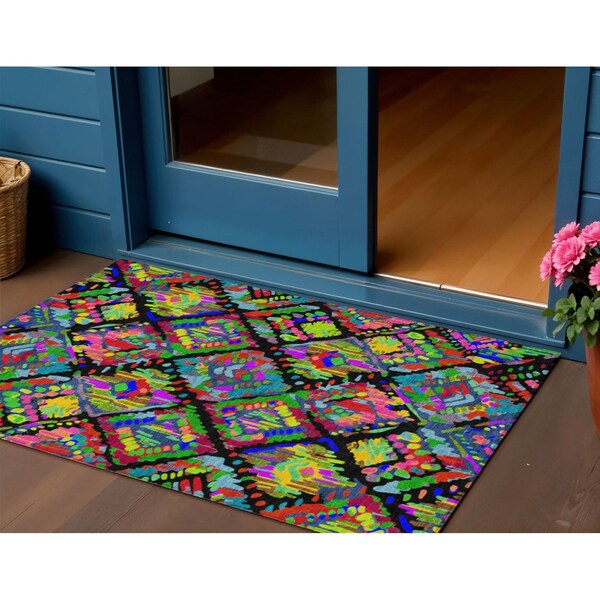 Homeroots 3' X 5' Black Yellow And Green Geometric Washable Indoor Outdoor Area Rug 609124 - main