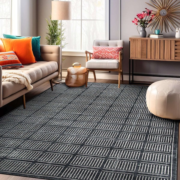 World Rug Gallery Bohemian Stripe Lines Washable Non Slip Area Rug 5 ft x 7 ft Black WR68BLACK5X7 - main