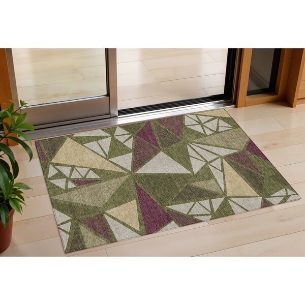 Homeroots 3' X 5' Olive Green Ivory And Burgundy Geometric Washable Indoor Outdoor Area Rug 600384 - main