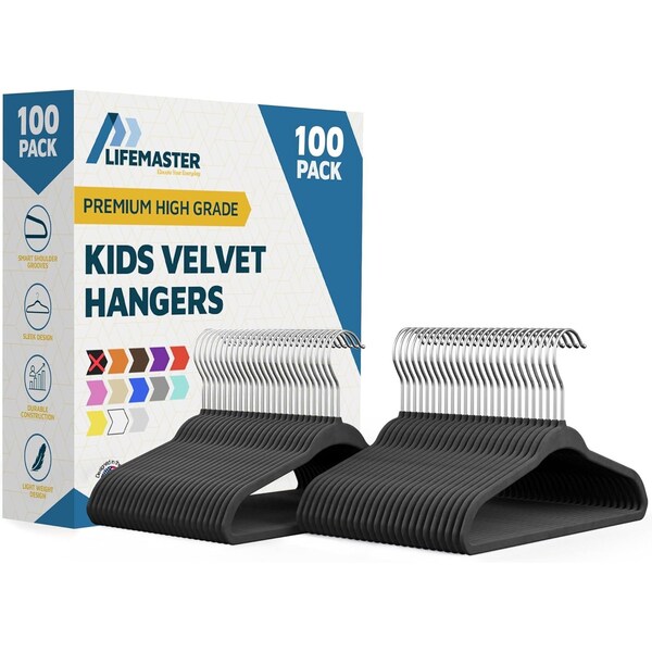 Lifemaster Black Velvet Kids Hangers 100 Pack, 10.83" Non-Slip, Slim ABS, Swivel Hook & Notches LMVVBH100BK - main