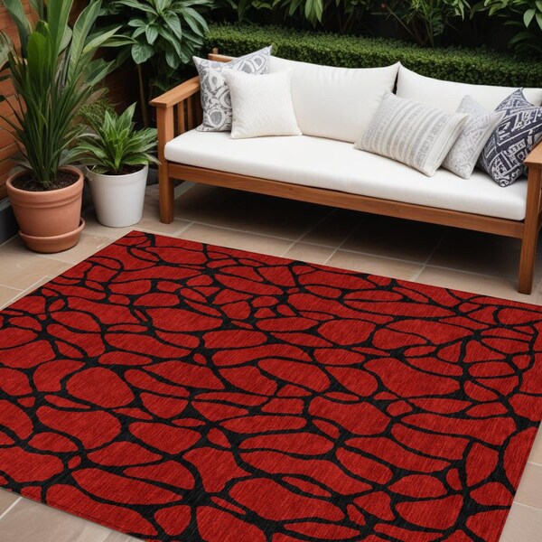 Homeroots 8' X 10' Red And Black Geometric Washable Indoor Outdoor Area Rug 599241 - main