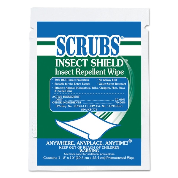 Scrubs Insect Shield Insect Repellent Wipes, 8 x 10, White, PK100 91401 - main