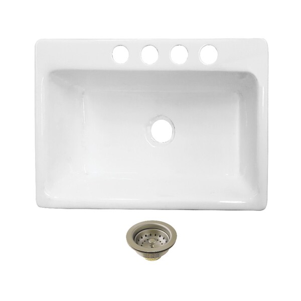 Kingston Brass 33" Cast Iron Single Bowl Undermount Kitchen Sink, 4-Hole with Strainer, White/Brushed Nickel KGCKUS332298 - main