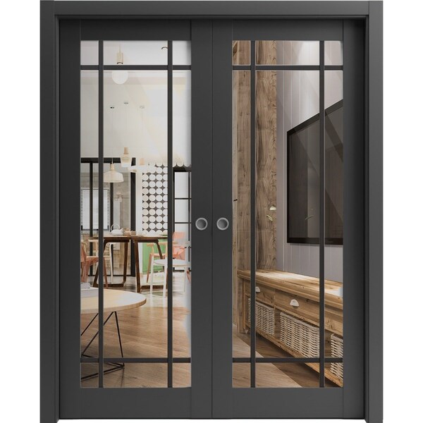 Sartodoors Sliding Double Pocket Door Clear Glass, Lucia 2266 Matte Black and Aluminum Strips, Kit Trims Rail LUCIA2266DP-BLK-60 x 96 (2* 30x96) - main