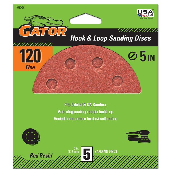 Gator Finishing Red Resin 5 in. Hook and Loop Sanding Discs, 120 Grit, Fine, 5PK 3723 - main