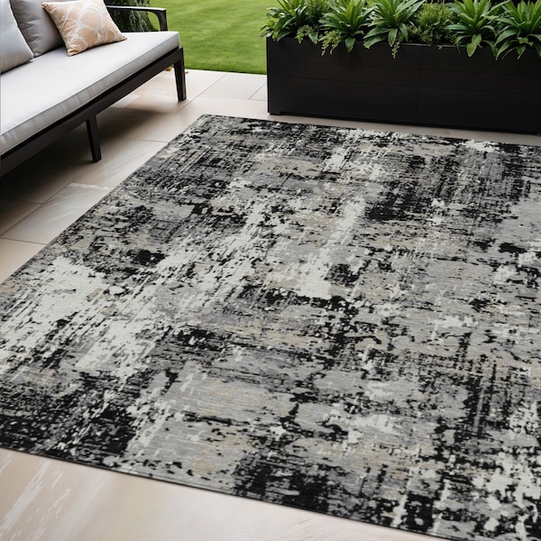 Homeroots 5' X 8' Black And Gray Abstract Washable Indoor Outdoor Area Rug 597933 - main