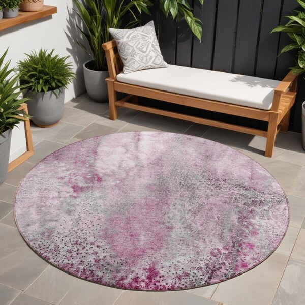 Homeroots 8' Round Pink Round Abstract Washable Non Skid Indoor Outdoor Area Rug 559600 - main