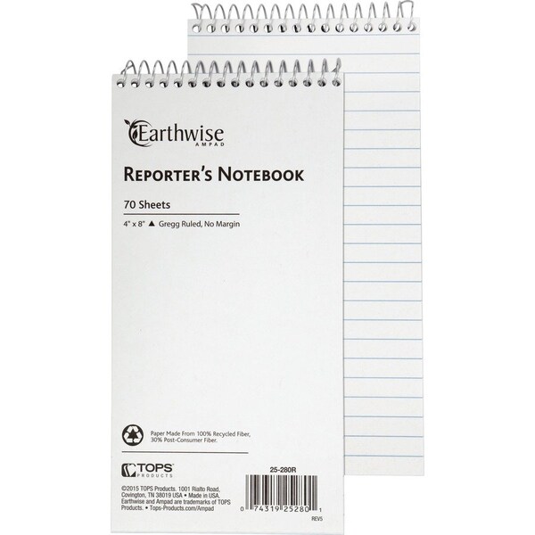Ampad/ Of Amercn Pd&Ppr Ampad, EARTHWISE BY OXFORD REPORTER'S NOTEBOOK, GREGG RULE, 4 X 8, WHITE, 70 SHEETS 25280 - main