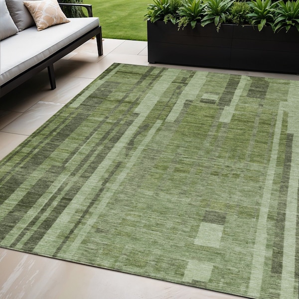Homeroots 5' X 8' Green And Gray Striped Washable Indoor Outdoor Area Rug 602774 - main