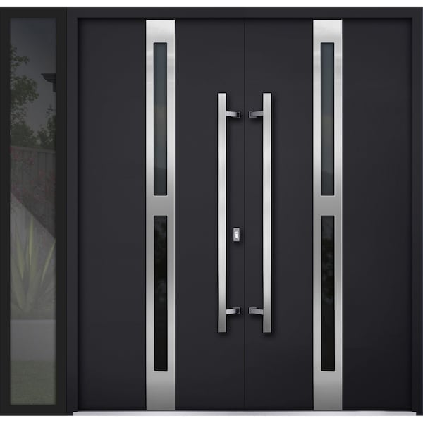 Vdomdoors Steel Double Doors Deux 1755 Black Enamel Sidelight Exterior Window Stainless Inserts Single Modern DEUX1755DEXD-BLK-RH-W72+12 x H80 - main