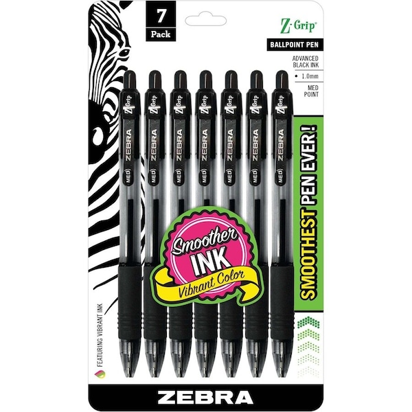 Zebra Pen Zebra Pen Z-Grip - Medium Pen Point - 1 mm Pen Point Size - Retractable - Black - Clear Barrel - 7-/ Pack 22271 - main