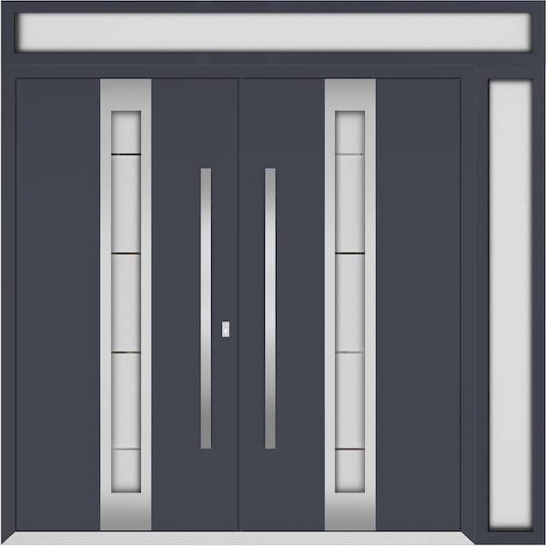 Vdomdoors Metal Double Doors Deux 1717 Gray Graphite Frosted Glass 1 Sidelight and Top Transom Entry Modern P DEUX1717DEXD-GRE-W72+12xH80+12-LH-I - main