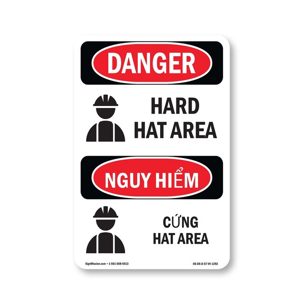 Signmission OSHA Danger Sign, Hard Hat Area Bilingual, 7in X 5in Decal, 5" W, 7" H, Hard Hat Area Bilingual OS-DS-D-57-VV-1292 - main