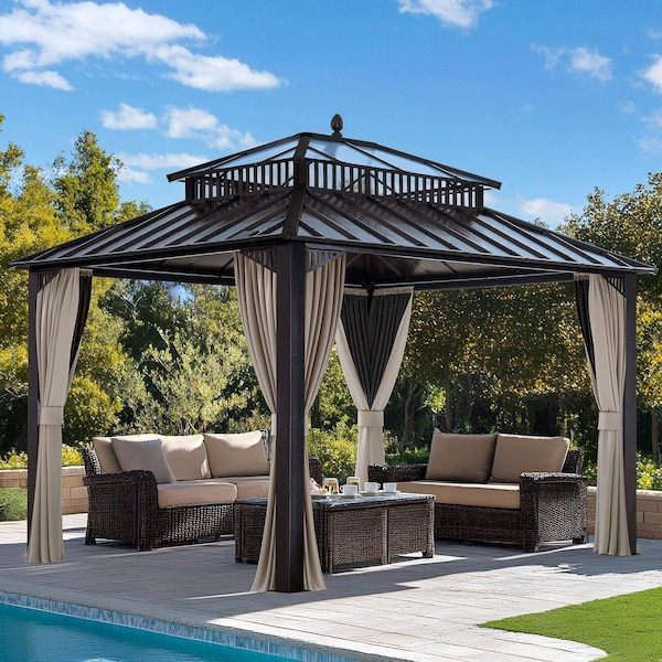Sunjoy Kingston 12x10 Gazebo, Steel & PC Roof Hardtop Gazebo with Curtain and Netting, Brown Aluminum Posts A10204380200 - main