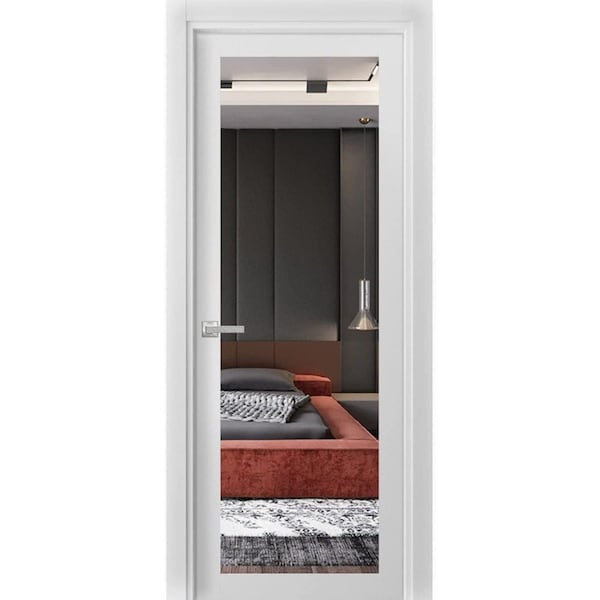 Sartodoors Solid Interior French, Lucia 1299 White Silk with Mirror, Single Regular Panel Frame Trims Handle LUCIA1299ID-WS-3084 - main