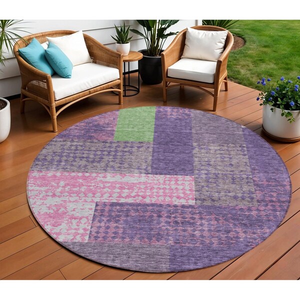 Homeroots 8' Purple Green And Pink Round Geometric Washable Indoor Outdoor Area Rug 612444 - main