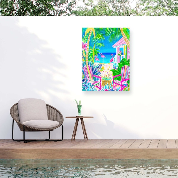 Trademark Fine Art Outdoor Canvas Art Jess Stempel Flamingo Tropical Watercolor 2 Wall Art for Patios, or Gardens GRL01780-OC2432WR - main