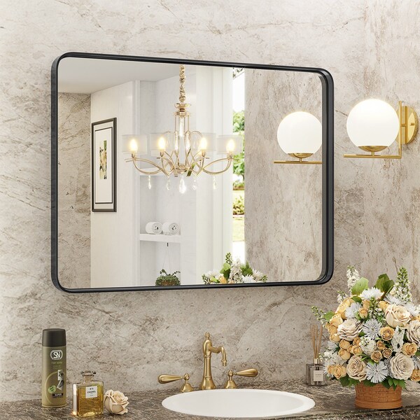 Homeroots 39" Black Metal Framed Bathroom Vanity Mirror 636266 - main