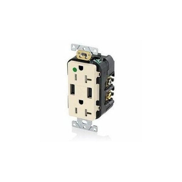 Leviton H.G. Duplex Recept W/USB, Lt Alm, 20 Amp T5832-HGT - main