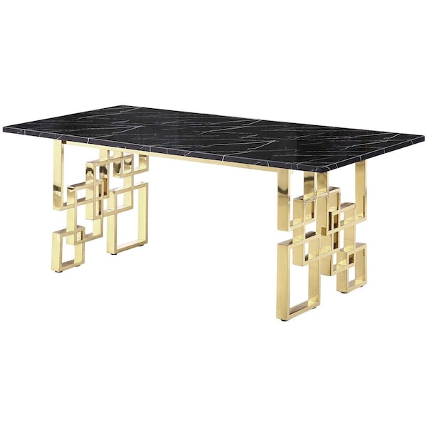 Homeroots 79" Black and Gold Marble and Metal Double Pedestal Base Dining Table 602329 - main