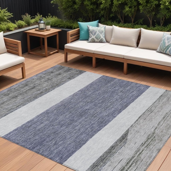 Homeroots 8' X 10' Denim Blue Ivory And Gray Abstract Washable Indoor Outdoor Area Rug 615263 - main