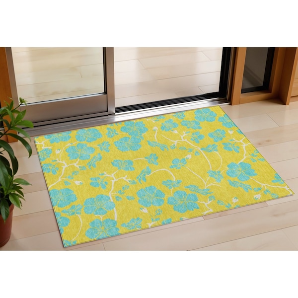 Homeroots 3' X 5' Yellow And Aqua Floral Washable Indoor Outdoor Area Rug 600054 - main