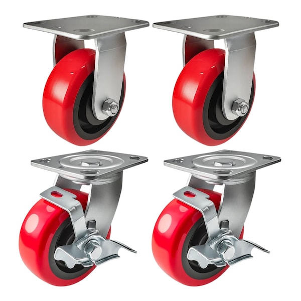 Hyw Products Heavy Duty Caster Set 5in Polyurethane on Plastic Wheels, 2 Rigid & 2 Swivel with Brake, 4PK 40-50R-A1-PU-2,40-50S-A1-PU-TB-2 - main