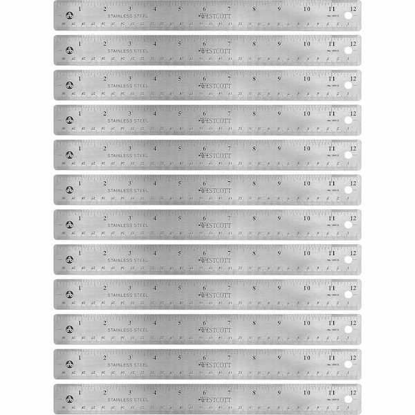 Westcott Rulers, 12"L, Stainless Steel, Nonslip Cork Back, 12/BX, SR PK ACM10415BX - main