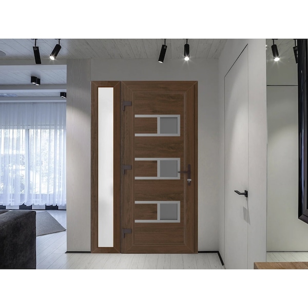 Vdomdoors Front Exterior Prehung Metal-Plastic Door, Manux 8933 Walnut, Side Sidelite Transom, Office Commerc MANUX8933EXD-WLN-W36+14xH80-RH - main