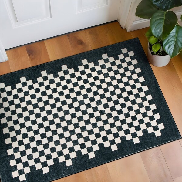 World Rug Gallery Contemporary Checkered Border Washable Non Slip Area Rug 2 ft x 4 ft Black WR81BLACK2X4 - main