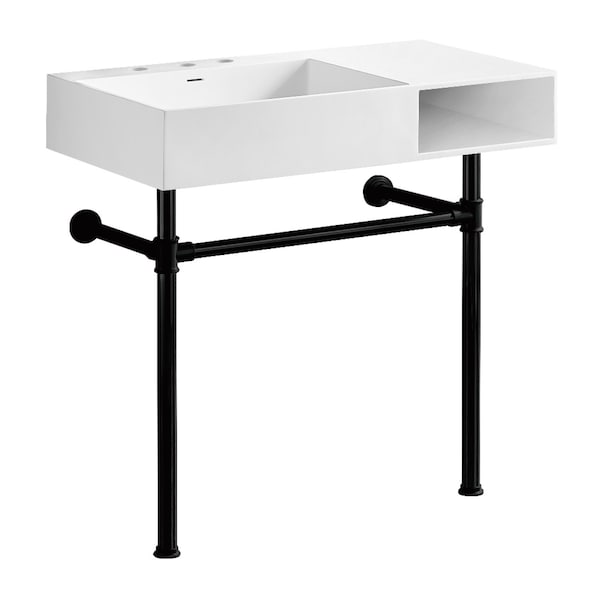 Kingston Brass 36" Solid Surface Console Sink with Stainless Steel Legs, 8-Inch, 3-Hole, Matte White/Matte Black KVPB3368SQA0 - main