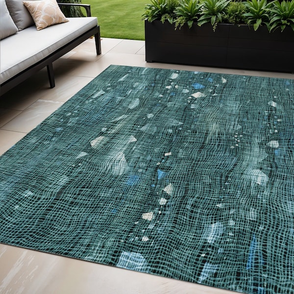 Homeroots 5' X 8' Teal Blue And Ivory Abstract Washable Indoor Outdoor Area Rug 631186 - main