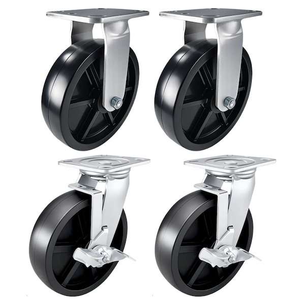 Hyw Products Heavy Duty Caster Set 8in Plastic Wheels, 2 Rigid & 2 Swivel with Brake, 4PK 40-80R-A1-HP-2,40-80S-A1-HP-TB-2 - main