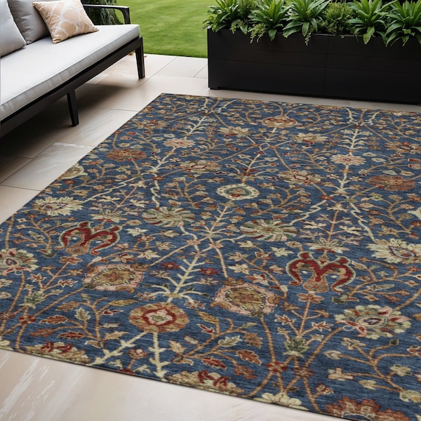 Homeroots 5' X 8' Navy Blue Brown And Red Floral Washable Indoor Outdoor Area Rug 603426 - main