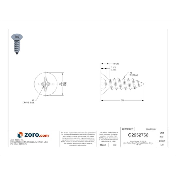 Zoro Select Wood Screw, #8, 5/8 in, Zinc Plated Steel Flat